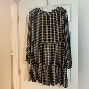 Ann Taylor Loft Long Sleeve Plaid Babydoll Dress Medium Navy Blue Gold Tiered